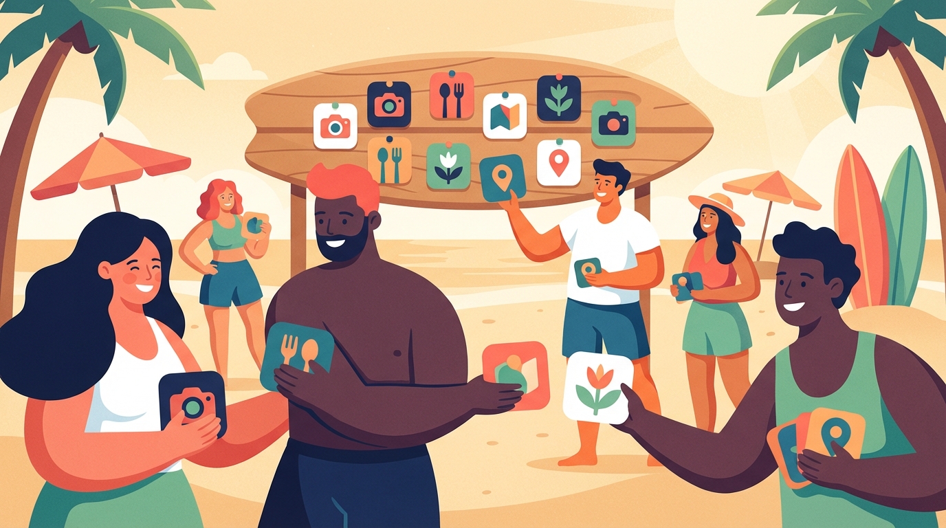 Illustration of people sharing colourful app cards on a sunny beach