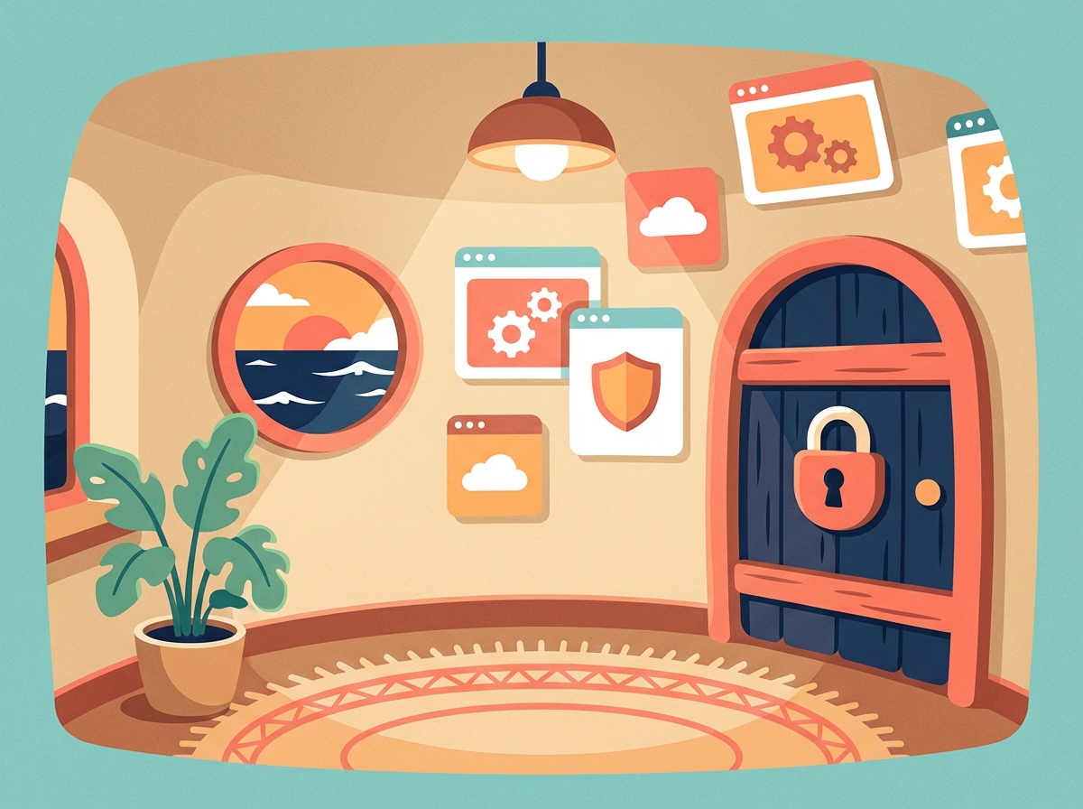 Illustration of a cosy beach hut with app windows on the walls and a padlock on the door