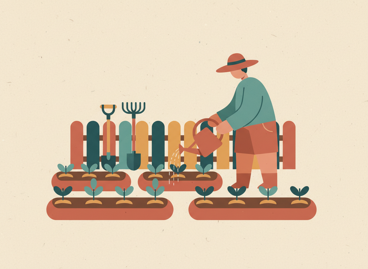 A person tending a garden with raised vegetable beds