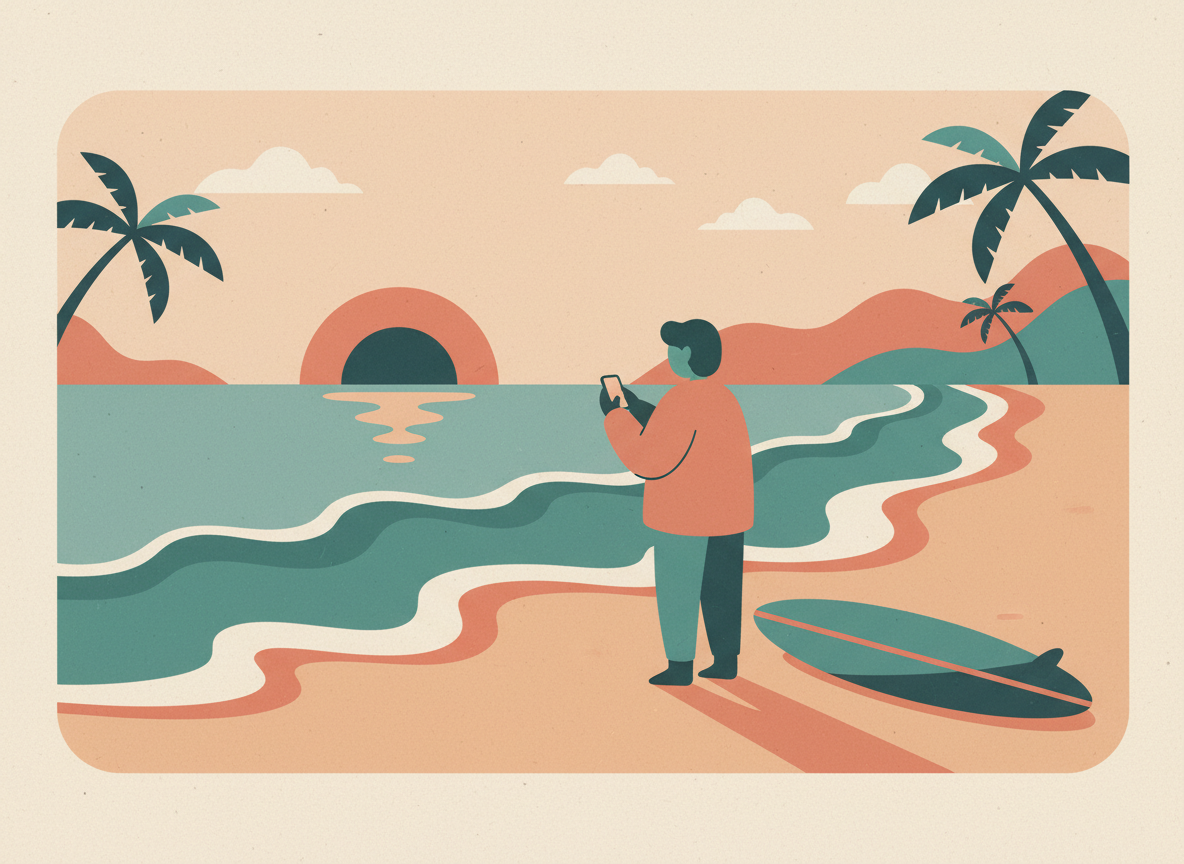 A person on the beach checking surf conditions on their phone