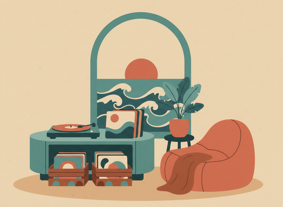 Vinyl records, a turntable, and a cosy record collection