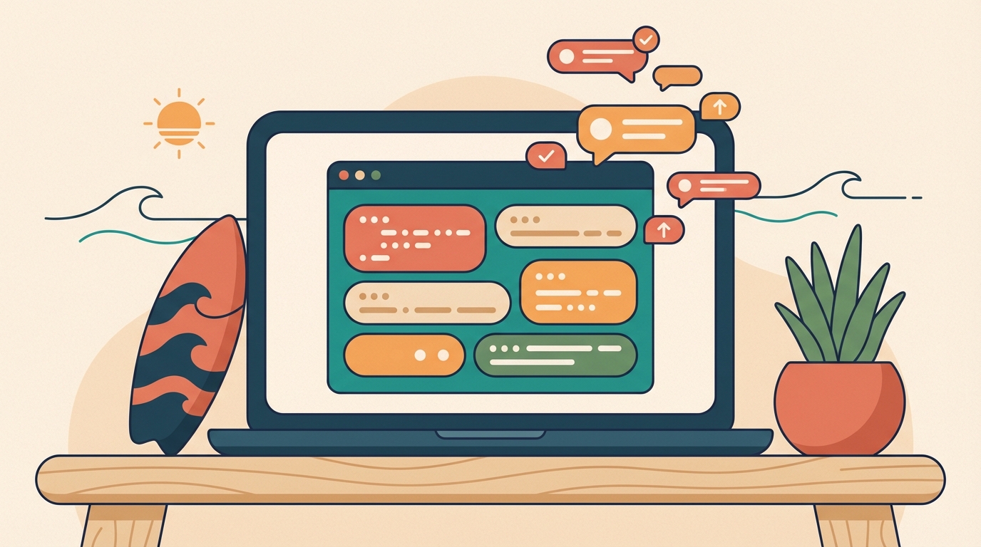 Illustration of a laptop with colourful deployment bubbles floating out, surf-shack aesthetic